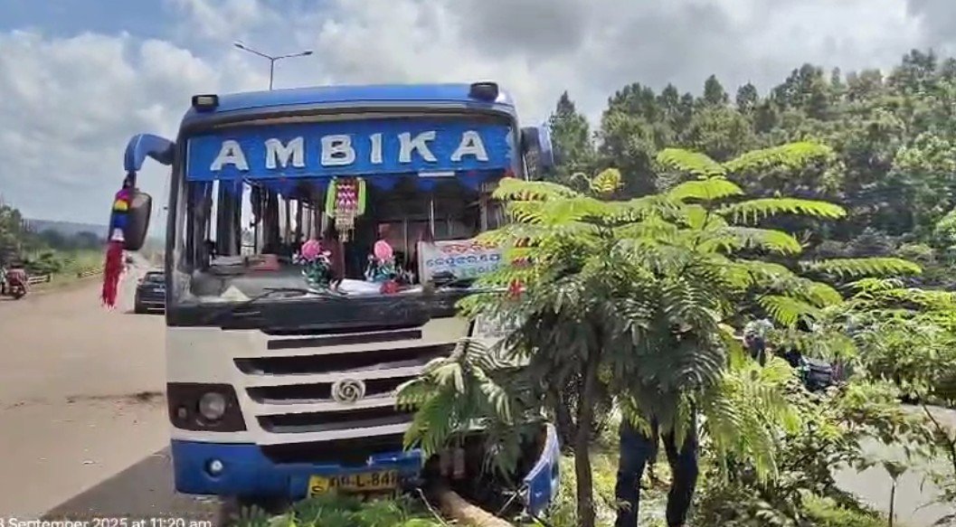 ଭାରସାମ୍ୟ ହରାଇ ଡିଭାଇଡରରେ ଚଢିଲା ବସ